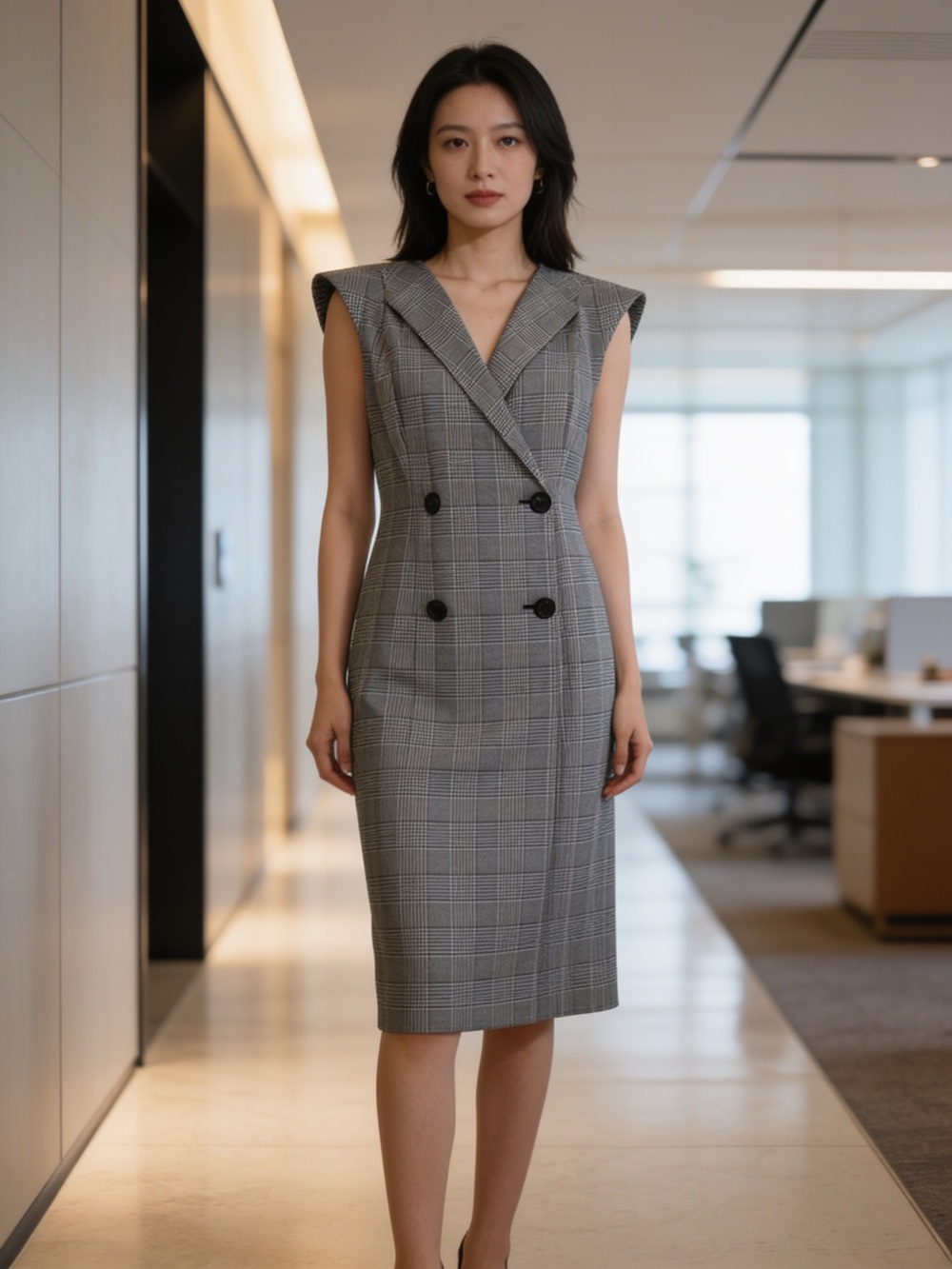 Calvin Klein Gray Plaid Double-Breasted Sleeveless Sheath Midi Dress Size 10